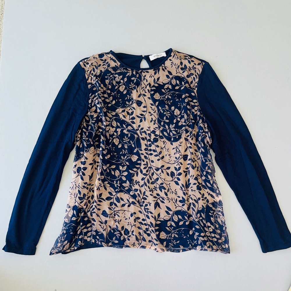 STIZZOLI Italy Silk Blend Floral Chiffon Layered Navy Knit Top Blouse 2X